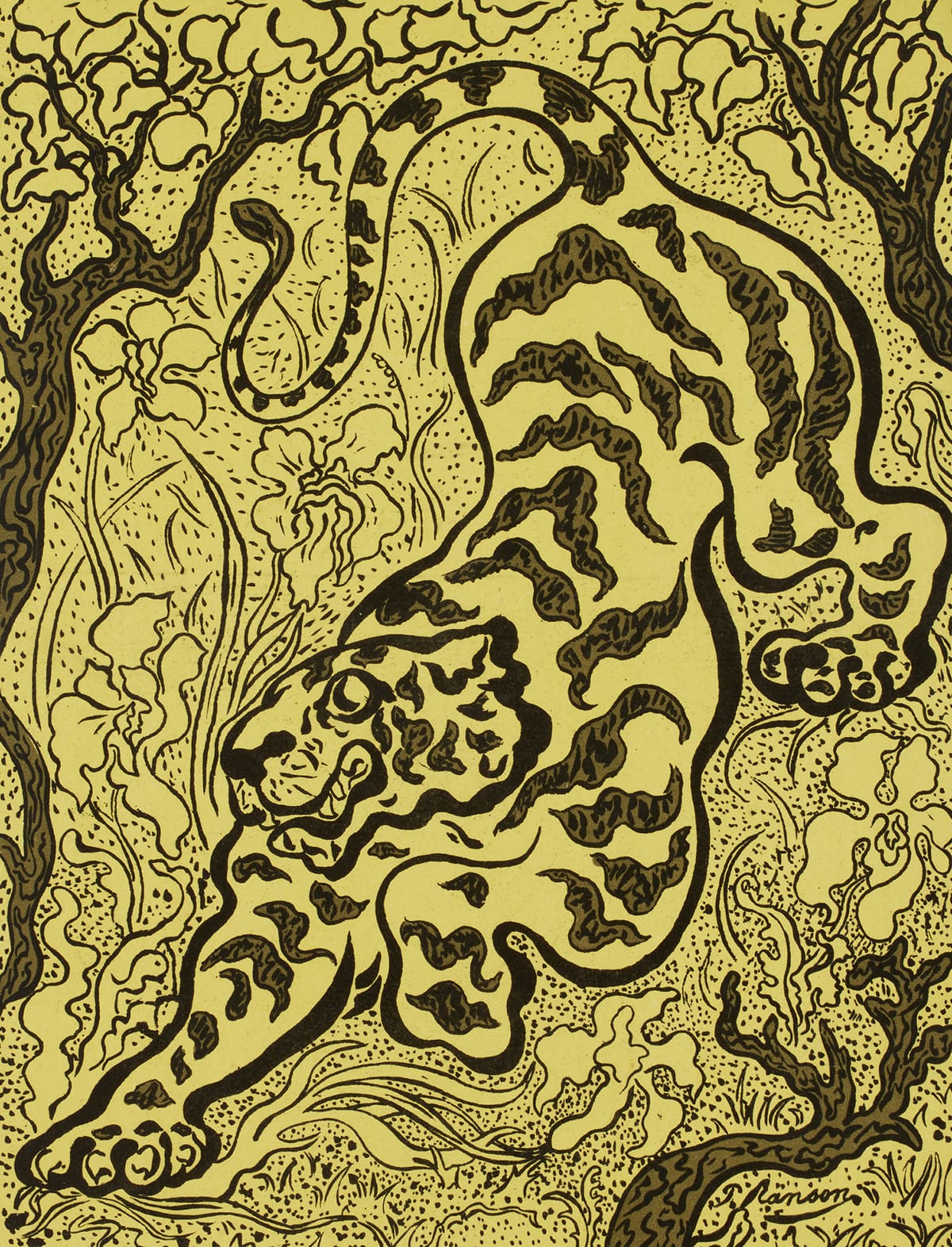 Vibrant yellow background with playful black lines depicting a tiger amidst flora ready to pounce.