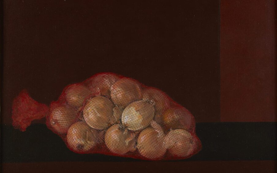 Yellow onions in a commercial red, mesh bag depicted with a high level of realism and resting against a backdrop of four rectilinear planes in deep, reddish shades.