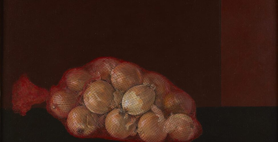 Yellow onions in a commercial red, mesh bag depicted with a high level of realism and resting against a backdrop of four rectilinear planes in deep, reddish shades.