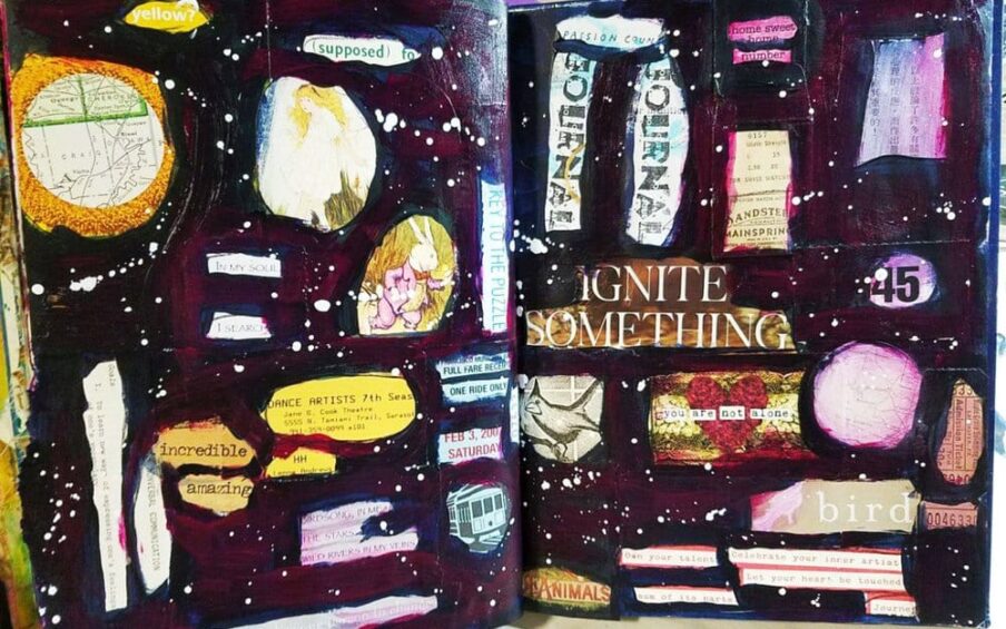 Image Description: Sketchbook pages depicting a dark starry sky with collage elements of cutout text and animals.