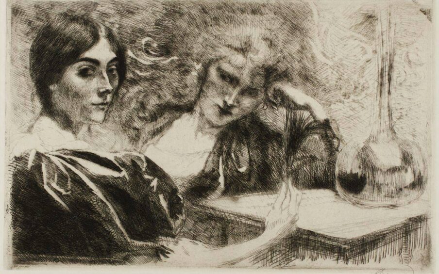 Black etching on cream paper depicting two light-skinned women sitting at a table seen from about the waist up. The first woman is at far left, seen from the side, her body facing right but head turned to look to the viewer or artist. She has a cap of dark hair parted in the center, dark arched eyebrows, and large, dark eyes. Her nose is narrow, she has high cheekbones, a small mouth, and pointed chin. Her dark, voluminous, puffy sleeve takes up most of the bottom left corner. Areas of the cream, unworked paper depict the gathers and folds of the huge sleeve. Her thin, pale forearm extends from the huge sleeve and ends in a bony hand that rests on the edge of a table, holding a black feather. Her companion is at center, facing front, head resting on her hand and tilted to the right, her elbow on table. She appears to be looking to the left at the other woman. She has lighter hair and her face appears slightly hazy as if seen through smoke. Line work radiates off head combining her hair with the swirling background, creating a feeling of movement. A large, tall carafe sits at right on the table. It has a short, squat body with a long neck that reaches up to nearly the top right of the work. The entire work is composed of very thin linework, hatched and crosshatched to achieve shading and texture. A wide unworked border surrounds the scene.