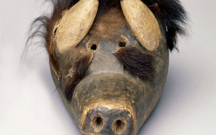 Sculpture depicting a straight-on view of a dark brown, painted wooden face of a buffalo with a long snout. Carving marks are visible over the entire head, especially on the snout, nose, and eyes. Prominent round nostrils in the rectangular nose end the broad snout. A row of six teeth are visible below the nose. Two small round eye holes, spaced close together, sit between two thick, pale tan horns tipped in black. These sit on either side of the eyes pointing inward. Dark, nearly black fur tops the head; the fur is longish and wiry, standing up in places from the head. Lighter brown fur is positioned just above the eye holes. Two patches of buffalo hide are positioned below the eyes just before where the snout begins.