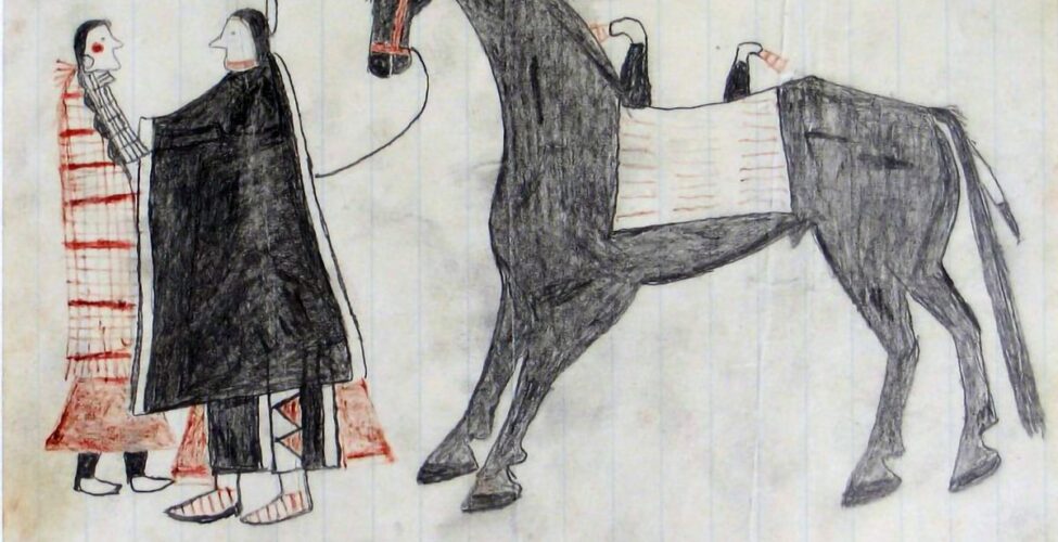 Rectangular line drawing with no modeling on lined white ledger paper (light blue vertical lines). Two figures in profile facing one another stand to left. A large black horse faces the couple in profile, taking up the remaining two thirds of the drawing. The young woman, far left, wears a red-and-white patterned blanket over a red skirt with black leggings and white moccasins. Her black hair is in braids and she has a red circle on her cheek, a bone or shell necklace indicated by black grided lines, and hoop-style earring. The young man figure wears a black blanket with a white stripe at each side, over black leggings with red and white triangle designs, and red and white-striped moccasins. A red stripe is painted along his jawline and a black-tipped white feather is attached to the back of his hair. The horse wears a red bridle, a white double-horned saddle depicted as a rectangle with three rows of horizontal stripes, and a black-tipped feather on his mane and tail. There is no background and the edges of the paper are torn and stained.