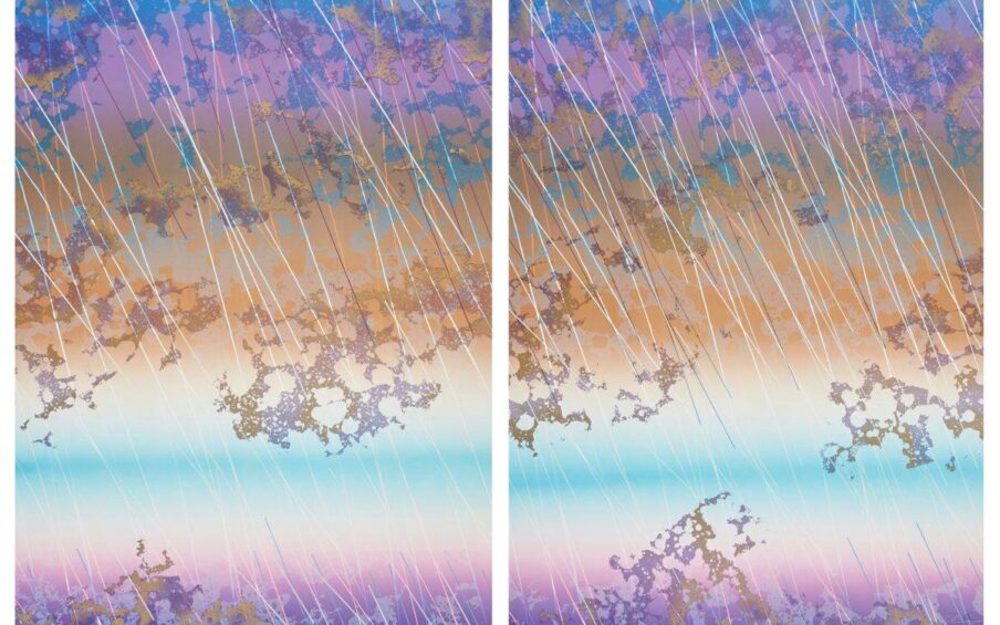 Two upright rectangles, side by side with a narrow white border on all sides and separating the two. Bands of color softly blend to compose the background. The layers from the top are blue, purple, peach, creamy white, turquoise, creamy white, and pale lavender, blending to purple at bottom. In some areas, the bands seem to match up from one panel to the next; in other areas they are slightly misaligned. Overlaying these bands of color in the upper two-thirds of the painting are scattered lace-like formations suggesting clouds. The lower third of the painting containing the creamy white, turquoise, and purple bands are mostly free of clouds. Long, thin, diagonal lines streak from top left to bottom right over the entire painting. The lines change color depending on position over other colors: pink over purple, white over peach, burgundy over blue, and so on.