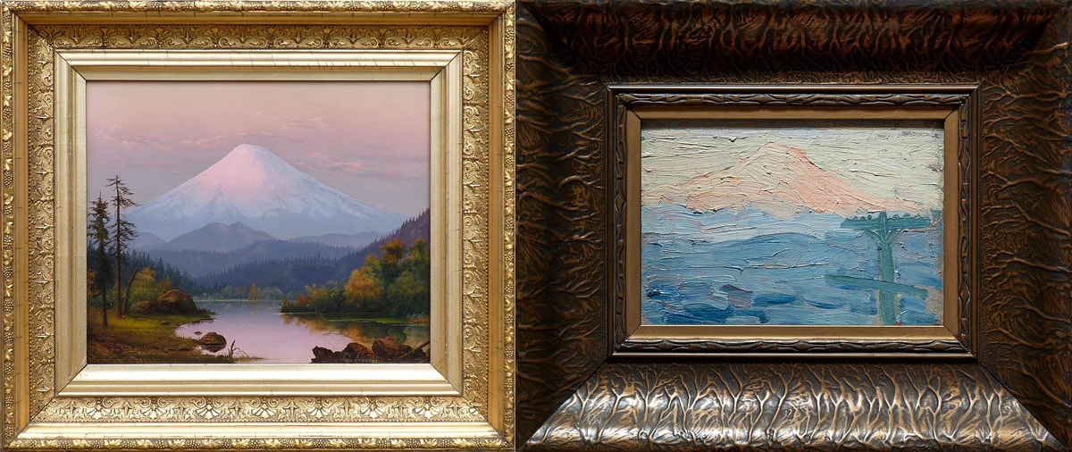 Photographs of two paintings of Mount St. Helens. Both are in ornate frames in differing styles. The first, by Grace Russell Fountain, depicts a peaked mountain covered in shades of white, gray, and muted pink snow at center. Smaller hills run horizontally in front of the mountain at its base, from right to left, in shades of blues and greens. Steep hills slope downward from each side towards the center of the painting. Two tall, sparse pine trees stand at the lower-left foreground. Between the sloping hills is a flat, smooth body of water reflecting the surrounding foliage and the muted gray sky. A bit of rocky shore is visible at lower right in the foreground. Bright shiny gold frame surrounds the painting. The painting at the right, by Clara Jane Stephens, shows the mountain situated left of center in the top third of the painting, its peak almost touching the top of the painting. The mountain is painted with thick, textured brushstrokes in whites and pale pinks. The bottom two-thirds of the painting suggests a landscape consisting of heavy brushstrokes in shades of blues and grays. In the foreground at right stands a telephone pole: vertical post with a bar across its top and another about halfway down. The paint is applied thickly and roughly creating a sense of texture. A thick, deep brown frame surrounds this painting.
