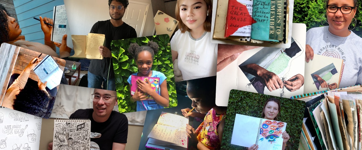 Collage of people holding up their journals.