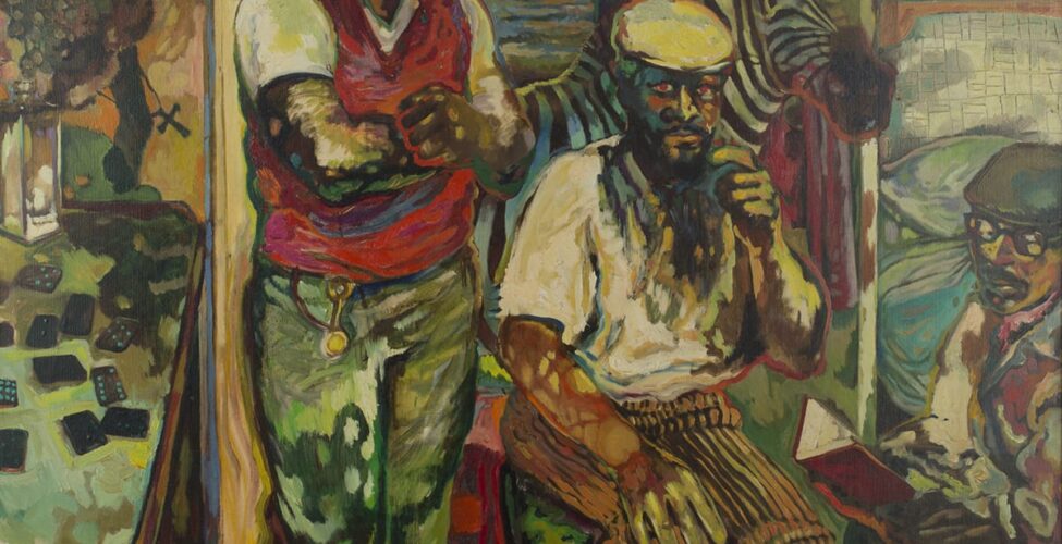 A vertical, rectangular painting showing three African American men. Two of the men are shown in the center of the painting almost filling the height of the work. The figure on the left is standing, arms crossing over his chest. He has dark skin, glasses, short cropped black hair and smiles broadly. He wears a red vest over white short sleeved shirt and greenish pants. To the right is a seated figure with dark skin and a beard. He looks toward the viewer/artist. He wears a light cream, short-sleeved shirt with brown striped pants and a flat cap. His hand at left rests on his knee and his hand at right raised near his chin. To the far right sits another dark-skinned man, sitting on the edge of a bed while appearing to read from a red book. This figure wears glasses, a flat cap and has a beard. He wears a tan and brown jacket and brown pants. There are pillows and blankets behind him. A green, red, and black striped Pan African flag with a black star hangs over the bed at upper right. At far left of the work is a table with dominoes scattered on top along with a flower filled vase. Behind the two central figures is a zebra; part of the head and ears of the animal is depicted in red outline only and is transparent. The neck and upper torso are fully rendered in black and white stripes. Behind the zebra is an open door showing a landscape of water and mountains and a golden yellow sky. The artist uses many colors to depict each shade sometimes combining complementary colors and layering and blending color to create a mottled or variegated effect. Red brushstrokes outline many of the details such as the zebra, the men’s arms, the table and a pair of glasses.