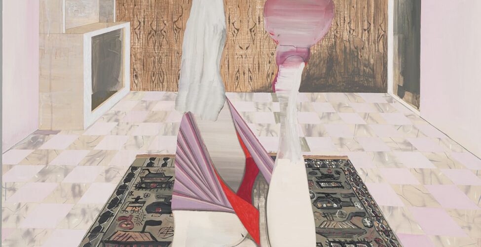 Still Life on War Rug, Elizabeth Malaska, 50 ¼ x 40 ¼ inches, oil, Flashe, charcoal, and graphite on canvas. A vertical rectangular painting of a female figure lying on a rug with her legs raised over her head, balancing a vase on one foot with her arms wrapped around her head. The figure is positioned so the viewer sees her from the front and upside down with her head closest to the bottom of the painting. The leg at left is raised straight into the air and the other is bent with her knee forward, towards the viewer. She balances a long necked, purple vase on this foot. Her arms are positioned over her head and lay on the rug. She is nude from the waist up and wears a light purple skirt with a red lining and red undergarments. Her skin color is creamy white with grey shading. The artist varies the style of brushwork on the figure from smooth and blended to thickly applied with broad strokes. Her face has dark heavy brows, a wide flat mouth, and one undefined eye. She lies on intricately patterned rug with various geometric shapes in taupe, gray, peach, and black. The figure is in a room with a checkerboard tile floor depicted in pale pink and marbled beige, gray, and white. At the rear of the room is a wood panel wall painted in browns with dark lines suggesting wood grain. At right of the wall is a dark doorway and at left is an empty beige bookcase. The walls are pale pink and the ceiling is a grayish beige.