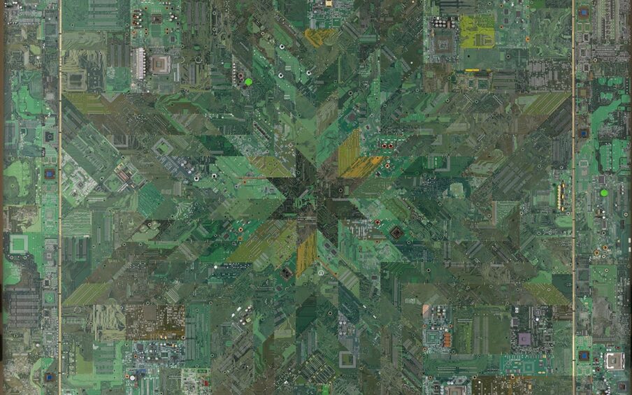 Green Star Quilt, Wally Dion, 75 5/8 x 70, circuit boards, brass wire, copper tube. A large square work composed of circuit boards in various shades of green pieced together like a quilt and connected with brass wire. At center, the circuit boards have been cut into diamond shapes and pieced to form an eight-pointed star. Further diamond shapes surround this star and radiate outward until they create a large star that almost fills the entire work. A thin gold line encompasses the large star forming a square. A border of more circuit boards completes the work. Many shades of green make up the different boards and they are heavily textured with silver and brass colored workings. Small silver balls in rows or patterns dominate the boards along with other metallic geometric shapes. Etched lines in patterns feature in most of the green boards.