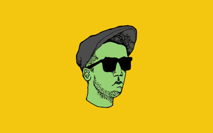 Illustration on mustard yellow background with green man with stubble wearing sunglasses and a hat