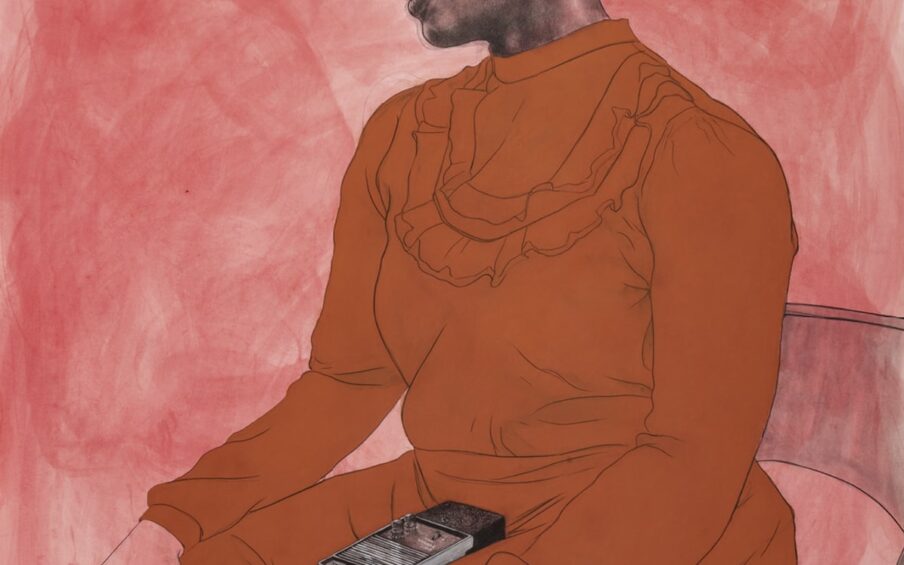 Meteorite, Robert Pruitt, conte and charcoal on dyed paper, rendered walkie-talkie with audio component. A vertical, rectangular portrait of a seated Black woman in profile wearing a long, burnt orange colored dress with a walkie-talkie in her lap, against a reddish background. The woman sits on the edge of a folding chair and is turned slightly to the left with her hands resting on her knees. Her head is turned to the left and her hair is swept up into a bun on top. Her expression is neutral. Her face and hair are rendered in careful detail in tones of gray and black with the reddish background showing through in areas. Soft white highlights touch her cheekbone, temple and lips. She wears a long sleeve, high necked dress with a U-shaped ruffle on the upper bodice. The dress is characterized by simple lines with less detail than the head of the woman. Her hands reflect the wash of reddish pigment that also unevenly fills the background of the portrait. In her lap sits a walkie-talkie, a black and silver rectangular device with a long antenna that extends out from the woman’s lap beyond the edge of the work. The folding chair seen partially right is sheer gray with the reddish background again showing through.