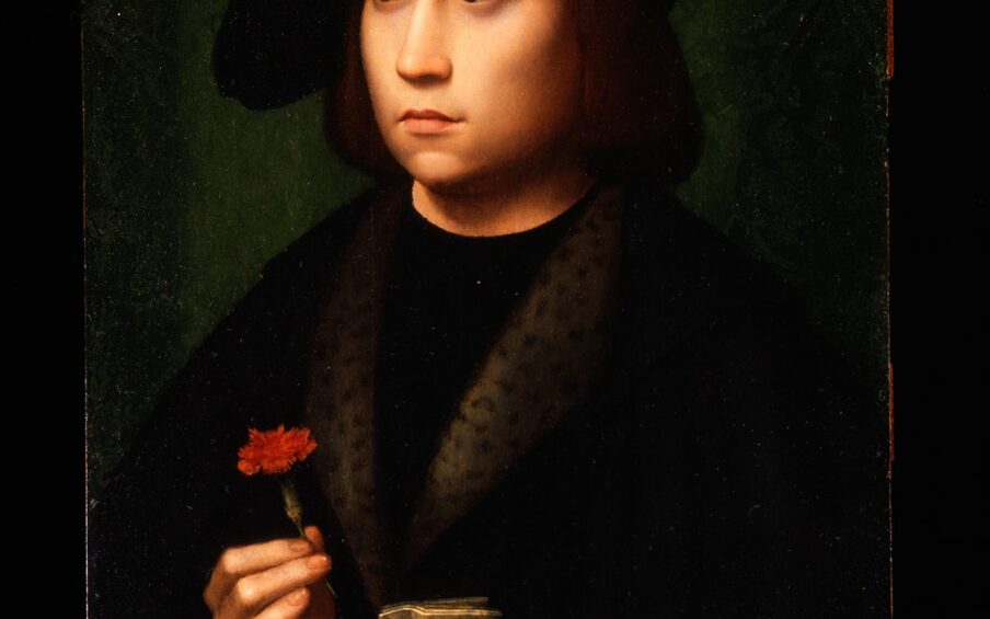 Portrait of a Young Man Holding a Carnation, Adrien Ysenbrandt, 18 7/8 x 12 1/8 inches, oil on panel. A vertical, rectangular portrait of a young, white man shown in three quarter view from the waist up, holding a red carnation in his hand at left and a pair of tan gloves in his hand at right. He wears a dark hat with a wide upturned brim, shoulder length brown hair, a coat with a leopard fur trimmed collar and two gold rings with dark center stones on the pinky of his hand at right. He looks off to the left with a solemn expression. His pale face and hands almost seem illuminated against the dark clothing and almost black background.