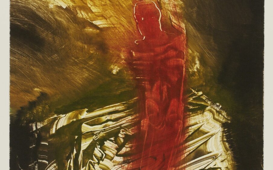Mandatory, James Lavadour, 17 ¾ x 13 1/8, color monotype on paper. A vertical rectangular print showing a red, armless figure, just right of center, against a background of smudged, scraped and blended earth tones. The figure has the suggestion of a head, its outline incised in the paint revealing the cream-colored base below. The ribs, torso, pelvis, and the legs are covered in a sheer wash of the red color that fades away at the bottom along with the lower legs and feet of the figure. The red color arcs from the figure’s head to the left becoming a muddier brown and continues off the work. The figure is placed on a background of earthy brown paint tones which look as if they have been scraped, moved, and manipulated by palette knives and brushes. The effect is sharper, harsher, and darker at the bottom of the monotype and more blended, softer, and lighter at the top half. The right edge of the print from top right to lower right darkens to very deep brownish black.
