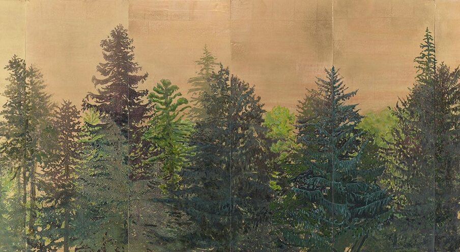 Coastal Range, Rita Robillard, 36 x 87 inches, screen print and acrylic on panel. A horizontal rectangular work showing a stand of evergreen trees in various shades of green against a background of golden tan. The trees are clustered and overlapped but still show individual branches silhouetted against each other. Deep blue-green, grass green, brownish olive hues layer over the golden tan background. There are 5 vertical lines spaced evenly left to right and indicate the separate panels that comprise the work.