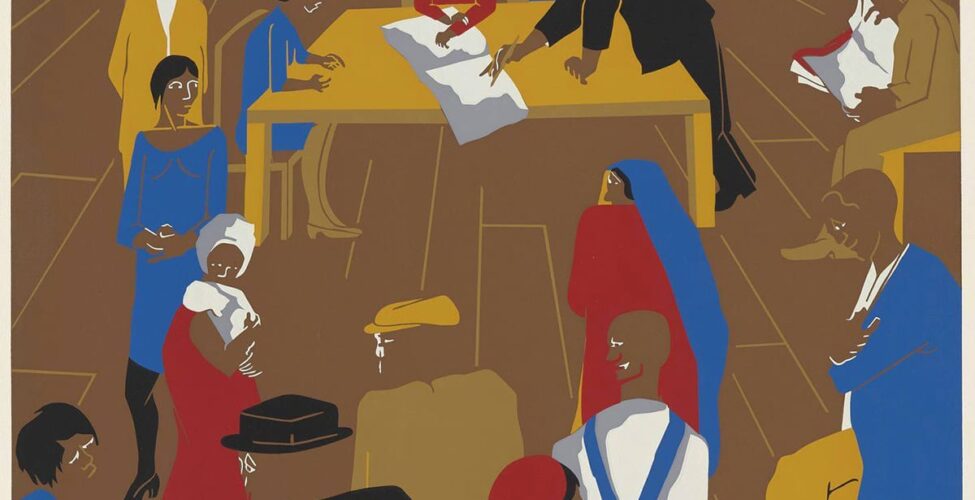 1920’s…The Migrants Arrive and Cast Their Ballots, Jacob Lawrence, 32 1/16 x 24 7/16 inches, color screenprint on paper. A vertical, rectangular screenprint depicting the interior of a polling place filled with voters. In top third of the print, a brown voting booth is at center with its curtain partially open to reveal a blue clad voter reaching up to pull levers on a gray, white, and black mechanical voting machine. Positioned in front of the booth is a long, tan table with people at three of the sides. At center is a female figure in red with an open book in front of her. A male figure in black at right signs the book and another female figure in blue sits at the left end of the table. Various figures wait in line creating a loose U shape around the table and voting booth. Some read newspapers, some turn to each other, two hold children and a few are seated. A blue wall stretches across the width of the print at top and the brown floor takes up the bottom two thirds of the work. The print contains limited colors, primarily blue, brick red, black, brown, tan and white. Colors are flat and without variation. Details such as facial features and floorboards are picked out in white or tan outlines.