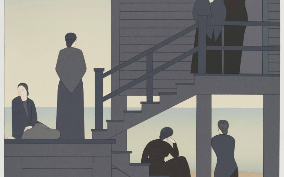 Waiting, from the Kent Bicentennial Portfolio: Spirit of Independence, Will Barnet, color lithograph and screenprint on paper, 33 x 33 7/8 inches, lithograph and screenprint on paper. A square print depicting six women grouped in twos sitting and standing on a set of exterior staircases. The women sit or stand on the upper, middle and lower portions of a switch back staircase attached on the upper level to a building. At upper right are two women positioned just inside and just outside a doorway to a gray clapboard building. One woman stands at a railing and faces the viewer while the other has her back turned and stands inside the doorway in shadow. A staircase leads down to the left. At middle left is a woman standing with her back turned to the viewer next to a woman sitting on the staircase landing and looking left. At bottom left, a woman sits on the second staircase that leads down. She rests her head on her hand while another woman stands below her leaning against a building post, both looking out to the pale blue sea in the background. The women all wear long black or gray dresses and most wear shawls. The structure and the women are rendered in flat gray tones with skin color being white with minimal line drawing facial features.