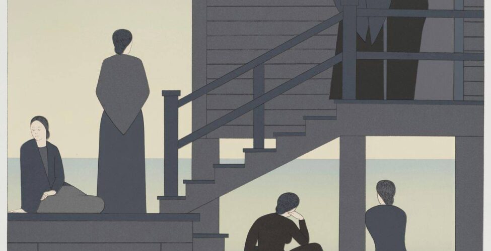 Waiting, from the Kent Bicentennial Portfolio: Spirit of Independence, Will Barnet, color lithograph and screenprint on paper, 33 x 33 7/8 inches, lithograph and screenprint on paper. A square print depicting six women grouped in twos sitting and standing on a set of exterior staircases. The women sit or stand on the upper, middle and lower portions of a switch back staircase attached on the upper level to a building. At upper right are two women positioned just inside and just outside a doorway to a gray clapboard building. One woman stands at a railing and faces the viewer while the other has her back turned and stands inside the doorway in shadow. A staircase leads down to the left. At middle left is a woman standing with her back turned to the viewer next to a woman sitting on the staircase landing and looking left. At bottom left, a woman sits on the second staircase that leads down. She rests her head on her hand while another woman stands below her leaning against a building post, both looking out to the pale blue sea in the background. The women all wear long black or gray dresses and most wear shawls. The structure and the women are rendered in flat gray tones with skin color being white with minimal line drawing facial features.