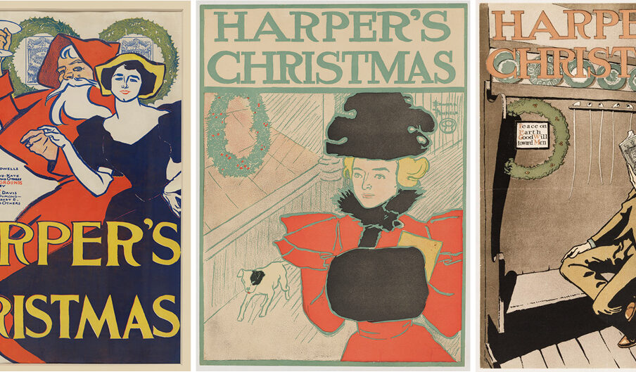 1. Edward Penfield, Harper's Christmas, 1895, color lithograph, 25 1/2 in × 20 1/4 inches. A vertical horizontal print showing an old-fashioned Santa Claus and a woman in a full skirted, dark dress with the words “Harper’s Christmas” in yellow. The light skinned woman wears a yellow hat and is positioned at right. She rests an outstretched hand on the Santa’s hand who stands slightly behind her at center. Santa wears a red hood and long cloak, has light skin and white beard and raises a glass in a toast. At top behind the pair are three green wreaths. Magazine copy appears at center left of the figures. 2. Harper's Christmas, 1896, color lithograph, 17 5/16 in × 12 15/16 inches. A vertical rectangular print showing a light skinned blonde woman in old- fashioned dress near a store window. The figure is positioned at right and wears a red dress with flounced sleeves and a black fur collar and muff. At right is a store window with a green wreath and a small white dog is on the sidewalk. The words “Harper’s Christmas” appears across the top in green lettering. 3. Harper's Christmas, 1897, color lithograph, 18 7/8 x 13 1/16 inches. A vertical rectangular print featuring a man in an old-fashioned brown suit reading a book while seated on a settle. The light-skinned man sits on the right end of the bench leaning against an armrest while a green wreath hangs at the left end. The words Harper’s Christmas appear across the top of the print in orange letters.