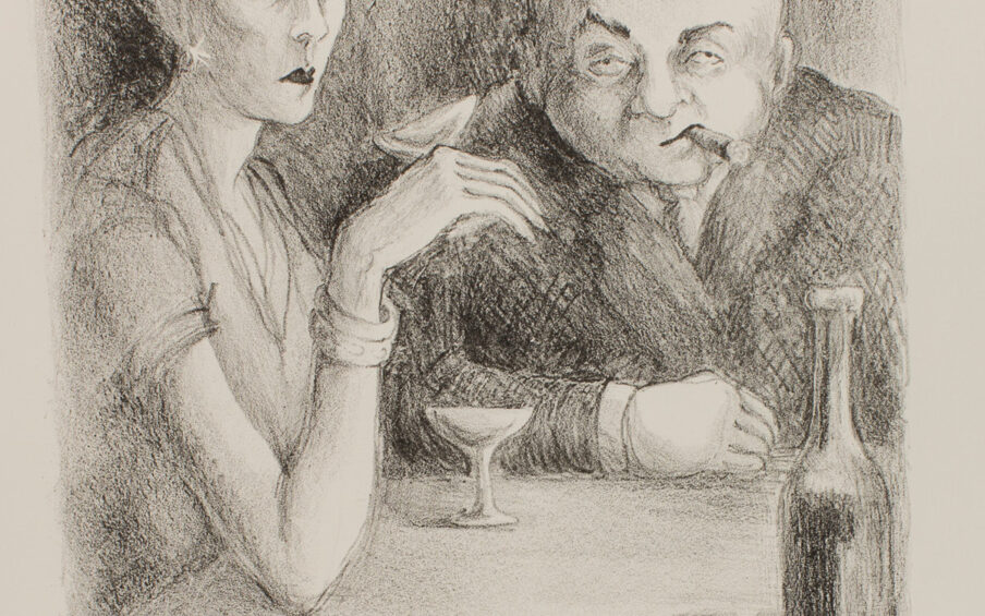 A vertical rectangular print in black on cream depicting two figures in a bar setting having cocktails. At right, a female figure is seen in three quarter view, looking at the viewer holding up a stemmed glass in her hand while her arm rests on her elbow. Her pale hair is swept back from her narrow face and up into a bun. She has thin highly arched eyebrows and a small, dark mouth. She wears a short-sleeved top showing thin arms with bracelets on the wrist. Her hand and fingers are also long and thin. Her companion sits to the right and faces the viewer. He has a round broad face with sparse hair on top. He looks out from hooded eyes and has a cigar stuck in the corner of his mouth. He wears a dark suit on his broad body and rest one arm along the bar. A long necked bottled is seen at lower left. Behind the couple is the suggestion of hanging lights. The print has the appearance of a sketch with line drawing, shading and cross hatching.