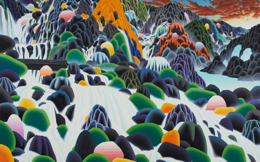 Tabernacle, Adam Sorensen, 78 x 119 inches, oil on linen. A horizontal rectangular painting depicting a surreal landscape scene of mountains, waterfalls and streams. The upper half of the painting shows steep mountains and cascading waterfalls in the distance. Each mountain is composed of smaller mounds heaped upon one another to form the larger mountain. Each portion is greatly shaded and highlighted in dark charcoals, rusty reds, oranges and golden yellows. The water appears to be bright white with very pale blue. The mountains and waterfalls fill the left top of the work and slope down at the right side revealing a small bit of sky with rusty red clouds and a pale blue and bright white sky. The mountains continue off to the right creating a distant valley with a stream emanating from it. The lower half of the work shows more waterfalls and streams in the foreground with smaller mounds in the same colors as the larger mountains with the addition of greens and pink stripes. At center left a fallen log in charcoal can be seen laying across a stream.