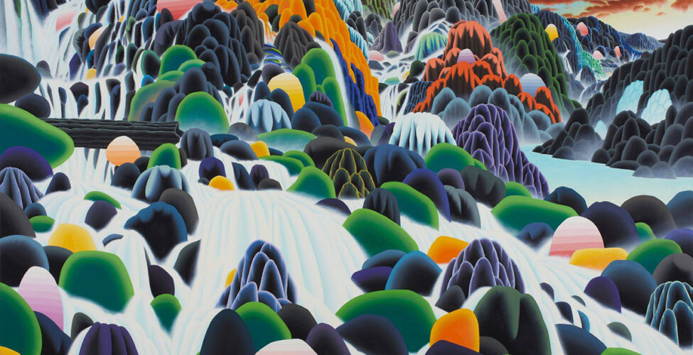 Tabernacle, Adam Sorensen, 78 x 119 inches, oil on linen. A horizontal rectangular painting depicting a surreal landscape scene of mountains, waterfalls and streams. The upper half of the painting shows steep mountains and cascading waterfalls in the distance. Each mountain is composed of smaller mounds heaped upon one another to form the larger mountain. Each portion is greatly shaded and highlighted in dark charcoals, rusty reds, oranges and golden yellows. The water appears to be bright white with very pale blue. The mountains and waterfalls fill the left top of the work and slope down at the right side revealing a small bit of sky with rusty red clouds and a pale blue and bright white sky. The mountains continue off to the right creating a distant valley with a stream emanating from it. The lower half of the work shows more waterfalls and streams in the foreground with smaller mounds in the same colors as the larger mountains with the addition of greens and pink stripes. At center left a fallen log in charcoal can be seen laying across a stream.