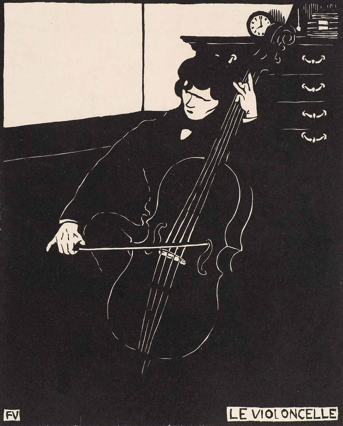Le Violoncelle (The Cello), Felix Vallotton, 8 13/16 x 7 inches, woodcut on paper. A vertical, rectangular print rendered in black on cream paper depicting a man playing a cello in the corner of a room. Most of this print is black with the man’s face, hands, details of his coat, cello, a portion of a wall and the contents of the room in cream. The man sits at center, drawing a bow across the cello in front of a chest of drawers near a corner of the room. His hair, coat and cello are black with delicate lines in cream showing details of the cello and man. Behind him are a chest of drawers, again in black with cream lines showing the chest’s detail and handles. A small round clock sits on the chest. The corner wall behind the man is divided into a lower half in black and the upper half in cream. Much of the print is black with the black letters “FV” in a cream box at the lower left corner and “Le Violoncelle” at lower right, also in black letters on cream.