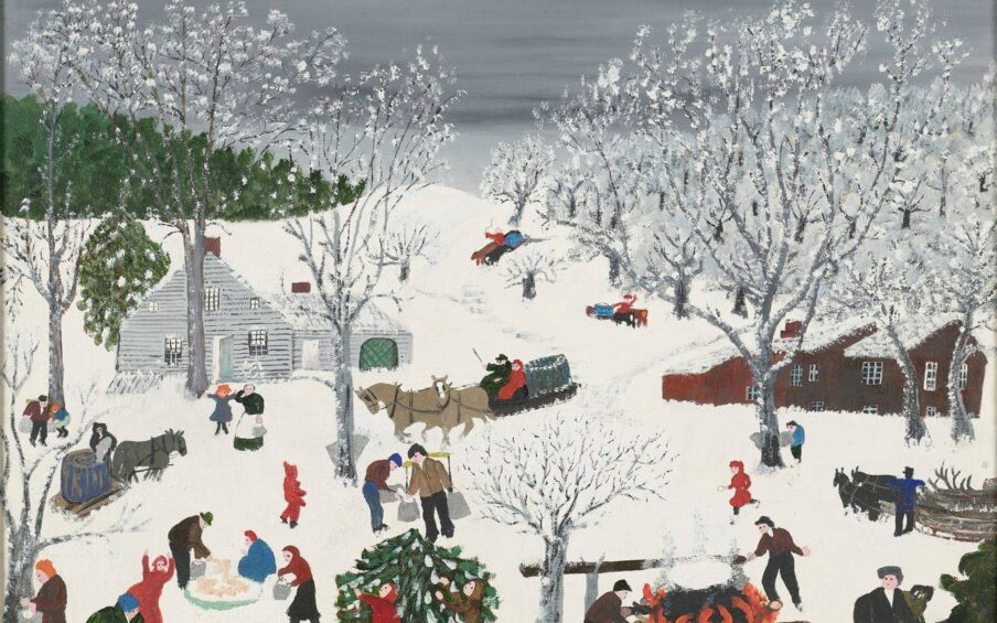 Sugaring Off, Dark Sky, Grandma Moses, 15 ½ x 19 ¾ inches, oil and tempera on commercial canvas board. A horizontal, rectangular landscape painting depicting a bustling outdoor winter scene. The painting is a bird’s eye view of people collecting and boiling maple sap to create syrup or sugar amid snow covered ground and trees. At bottom right are two men tending a fire on which a huge black, steaming cauldron boils. At bottom left, another man collects sap from a gray tree with bare, snow-covered branches. At bottom center two children play in front of an evergreen tree. A man and woman make sugar candy in the snow to their left. The center of the painting includes men driving horse drawn sledges containing more sap, children playing, people carrying buckets, people collecting sap from the many trees. A large, rambling, dark red house sits at right center and a light gray house is at left. Snow covered hills continue in the background and show more horse drawn sledges heading towards the action in the center of the painting. A stand of evergreen trees is at left in the distance. A dark gray sky completes the scene. The people wear shades of brown and black with many wearing brick-red and blue. The painting’s style is child-like with simply drawn faces and flat shapes and figures.
