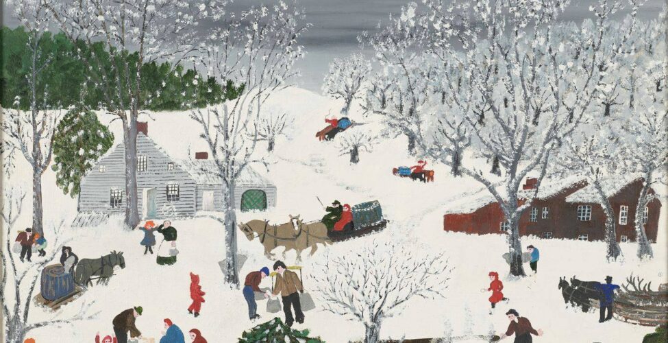 Sugaring Off, Dark Sky, Grandma Moses, 15 ½ x 19 ¾ inches, oil and tempera on commercial canvas board. A horizontal, rectangular landscape painting depicting a bustling outdoor winter scene. The painting is a bird’s eye view of people collecting and boiling maple sap to create syrup or sugar amid snow covered ground and trees. At bottom right are two men tending a fire on which a huge black, steaming cauldron boils. At bottom left, another man collects sap from a gray tree with bare, snow-covered branches. At bottom center two children play in front of an evergreen tree. A man and woman make sugar candy in the snow to their left. The center of the painting includes men driving horse drawn sledges containing more sap, children playing, people carrying buckets, people collecting sap from the many trees. A large, rambling, dark red house sits at right center and a light gray house is at left. Snow covered hills continue in the background and show more horse drawn sledges heading towards the action in the center of the painting. A stand of evergreen trees is at left in the distance. A dark gray sky completes the scene. The people wear shades of brown and black with many wearing brick-red and blue. The painting’s style is child-like with simply drawn faces and flat shapes and figures.