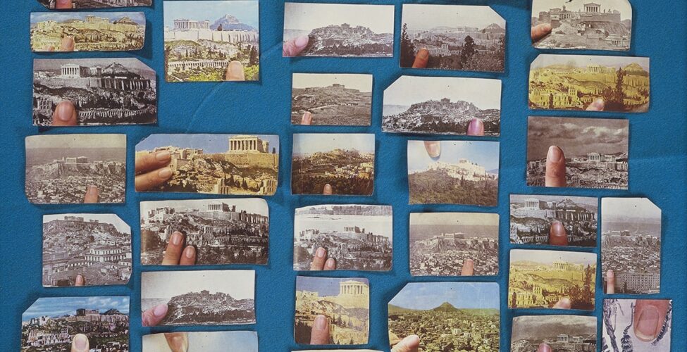 Encyclopedia Grid (Acropolis), Sara Cwynar, 40 x 32 inches, chromogenic print mounted on Plexiglass. A vertical rectangular print showing 51 postcard size images of the Acropolis arranged on a blue felt ground. The images are different sizes, both in color and black and white and mostly in a landscape format. Each also contains the image of a finger or two as if holding the picture. They are arranged in five vertical rows with the last row at right having an additional two images in portrait format. One of these images is the only one that does not show the Acropolis but instead a black and white picture of palm fronds and a banana bunch with a fingertip in color.
