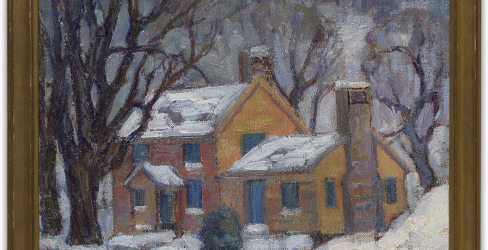 “Little House Next Door” by Fern Coppedge. Oil on board, 11 ¾ in x 9 ¾ in. Vertical oil painting with thick broad brushstrokes with layers of color framed in a thick gold frame with two small gold lines near the corners on each side. A brown two-story house with a one-story addition to the right sits in the middle of the painting surrounded by five trees with long, bare, bending branches, and landscape covered in snow. A small snow-covered stoop extends past the blue front door which is flanked by blue windows on each side on both stories. The A-frame roof is covered in snow and has a chimney extending at the top on the right. The one-story addition on the right has a blue front door with a window to the right. On the right side of the building a large stone chimney extends past the roof and is flanked by two thin tall windows. Snow covers the yard which is bordered by a gray stone wall. A small bush stands in the corner of the yard. The gray and white sky is visible beyond the trees and a swath of dark vertical strokes resembles mountain landscapes in the background.