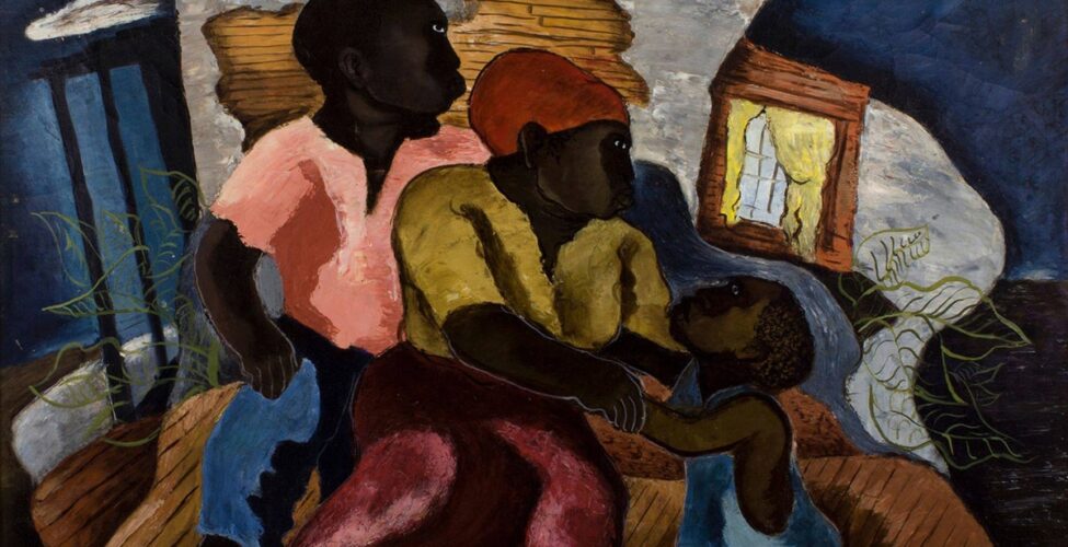 A square oil painting of a family of three dark skinned individuals: a male presenting figure, a female presenting figure and a child figure. The figures are highly stylized with thick, truncated bodies. Each has their head turned to the side showing a prominent jawline and flat eyes placed high on and close to the bridge of the nose. At center is the mother figure, she reaches out her arms grasping the child’s arm who stands on the right. The mother wears a yellow top, red skirt and an orange-red head covering. The child wears blue overalls and stretches his arms out to its mother. His head is tilted up, he has short curly hair with scalp peeking through. On the left the father figure stands slightly behind the mother in an opened neck pink shirt and blue pants. All three figures are barefoot. Brushwork appears thick, layered and rough. The family stands in a surreal setting: the brown floor they stand on almost appears to be a raft on which they float, the interior wall behind suggests a plaster wall with exposed wood lathe. A window with yellow curtains appears at right. The background is depicted as a deep blue sky with several white clouds. On either side of the family appear the outlines of bunches of green leaves. The painting is in a white square frame that shows exposed wood, looking scraped and worn.