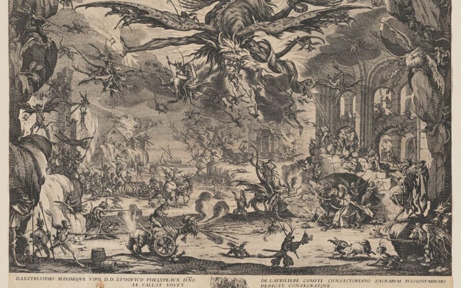 The Temptation of St Anthony, Jacques Callot, etching, plate: 12 1/8 x 18 inches, sheet: 13 13/16 x 18 inches. A landscape-oriented print depicting a hellish scene filled winged demons and monsters amid architectural rubble. The upper center of the black on cream colored paper print is dominated by a large, winged creature with clawed hands, horns and a gaping mouth out of which spews more fire breathing demons. The creature’s wings are spread in flight as are its well-muscled limbs. More demons cling to the larger one which clutches sheaves of fire in its claws at left and has a serpent wrapped around its limb at right. Below this demon is a frenetic scene of smaller demons and monsters who swarm and torture. The print’s edge at left shows a rocky outcropping in the foreground on which monsters cling. The background shows the ruins of a large stone structure and beyond that is a house in flames. In the middle ground at left, demons and monsters parade lead by four-legged beasts and a bony carcass. The middle foreground holds another beast this time with two hind legs and large wheels for front legs being driven by a fury demon while it breathes fire and rolls over another demon. The print’s edge at left shows more rock outcroppings, each festooned with demons. Beyond this is an architectural façade of a series of arches that tower above a smaller stone arch. It is in front of this arch that St Anthony stands, in long robes and halo, being pushed, pulled and tortured by an assortment of demons. Jeering demons hang off the stone arch above him. To the left of the Saint, a winged beast being ridden by a demon, spews fire at him. The entire scene is alive with demons flying in the sky, climbing rocks and ruins and torturing one another. The etching features heavy crosshatching to achieve light and dark effects. A thin border of cream encompasses the top and sides of the print with a thicker border along the bottom. This border contains a large center crest flanked by writing in Latin.