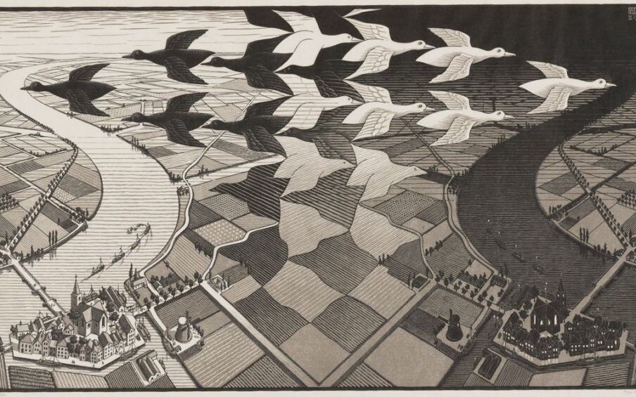 Day & Night. M.C. Escher. 1938. Woodcut in black and gray, printed from two blocks. 15 7/16 in x 26 5/8 in. 1. Aerial view of farm land between two cities and rivers with a flock of birds flying above. The left side of the print is light colored with dark outlines while the right is dark with light outlines. The middle of the print uses an optical illusion where, from one perspective, white birds are flying to the right with a view of dark fields between them and, from another perspective, black birds are flying to the left with a view of light fields between them. The fields below the birds make a checkerboard pattern, but the lines are more organic, forming a variety of shapes. In the bottom left corner is a town with a church in the middle and connected buildings around it in the shape of a trapezoid. Waterways with boats line the edges of the city and a windmill sits across from it. A few farm houses sit at the edges of fields. On the opposite side of the city, a flat narrow draw bridge stretches across the curving river. A line of five ships sail just to the right of the bridge. Across the river a few farmhouses stand in fields and trees line the water passageways between the fields. The right side has the same city, but with dark tones, and is a mirror of the left side. A simple black border surrounds the print.