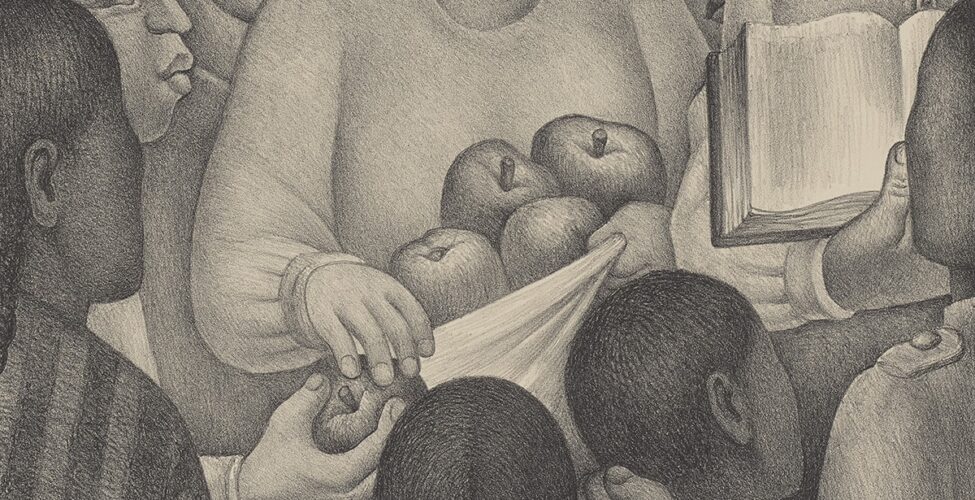 Diego Rivera, Los Frutos del Trabajo (The Fruits of Labor), 1932, lithograph on cream wove paper, 16 7/16 in x 11 13/16 inches. Vertical rectangular print rendered in soft gradations of grays of 8 figures seated in a circle turned to a figure in the upper right corner and receiving apples from a central figure. The scene is intimate, tightly cropped, and facial expressions are serene. The central figure is youthful with short hair, head at three-quarter view looking to their right, hand outstretched having given an apple to a seated figure in profile at left. The left hand holds a cloth taut holding a bounty of apples. Three young figures seated behind peek out, obscured by the taller figures. An older mustachioed figure with collared shirt in top right has eyes cast down at a book spread open by his thumb. Four figures in the foreground with backs turned to the viewer face the apple giver and reader. The diminutive small figure at bottom center has long dark hair center-parted and braided, the ends of the braids are joined in a knot. At bottom right, an older figure wearing a jacket with epaulettes has left hand rested on another youth’s shoulder. In the foreground, a bound book’s cover bears a cursive D and 32.
