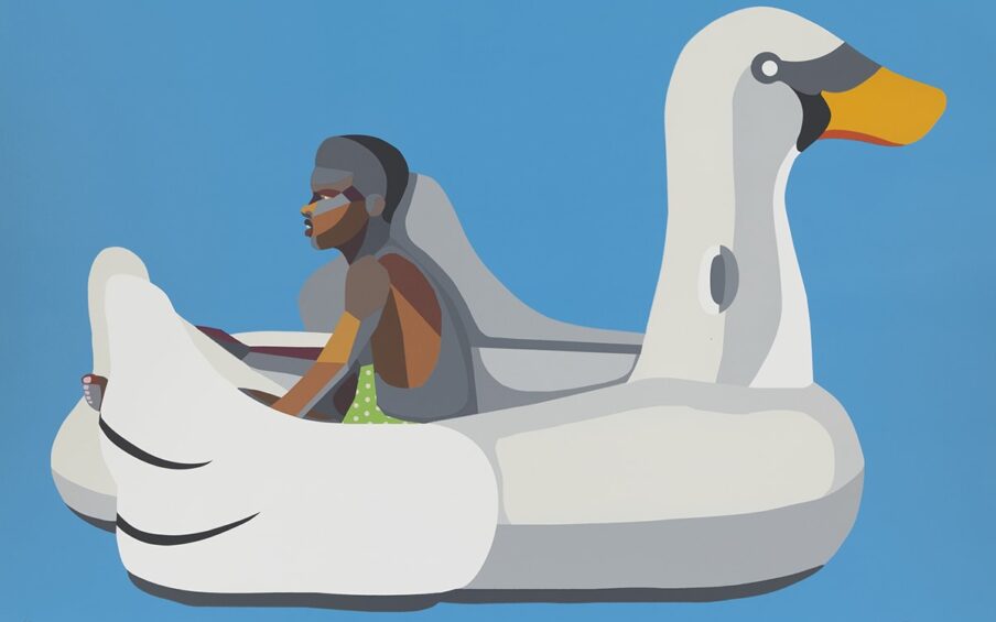 Boy on Swan Float, Derrick Adams, 31 x 45 inches, woodblock and screen print with fabric collage on Rives BFK paper. A young boy with brown skin and black hair sits in a large inflatable swan against a blue background, seen from the side. The large swan is shown in whites and gray, each tone a separate shape placed to depict the inflatable’s contours. The swan has a black mask around the eyes and the bright, orange beak. The boy sits between the swan’s wings facing left. He is depicted in the same manner as the swan with brown, tan, and grey shapes making up his figure. A triangle of bright green and white polka dots suggests the boy’s swimsuit. His toes peep out from the end of the float at left. The background is a flat sky blue.