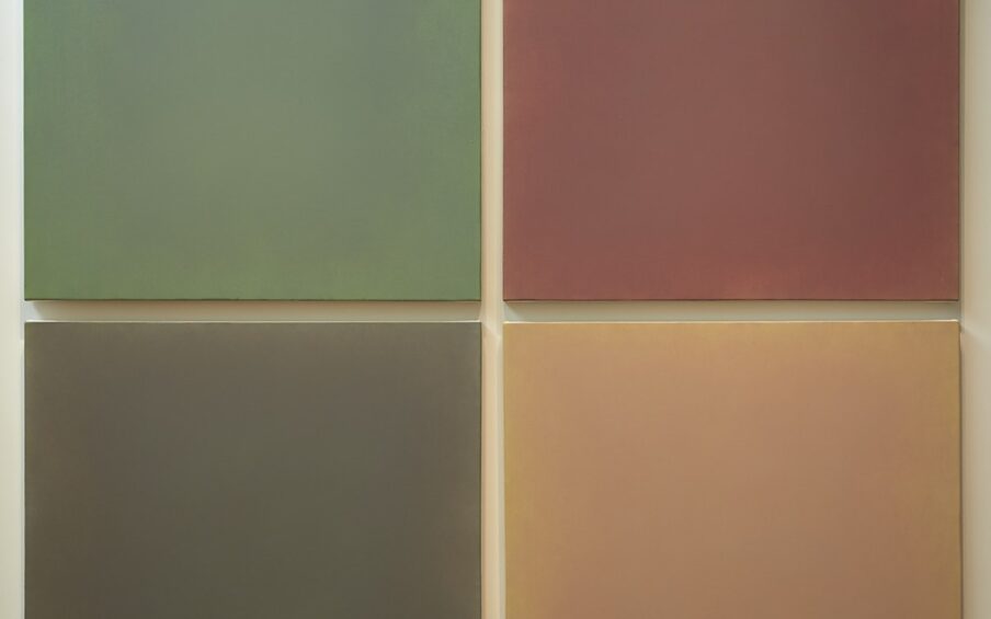 [Image description: Requiem for a Ponderosa Pine, Anne Appleby, each panel 44 x 44 inches; overall: 90 x 90 inches, oil and wax on canvas. Four square panels, each a different color, grouped to form one larger square. The panels are arranged two over two. At top left, the first panel is a deep green and at top right the panel is reddish-purple. Bottom left contains the blackish-brown panel next to the faded orange or cantaloupe colored one at bottom right. The squares are hung so they are separated by narrow strips of the wall behind them. The panels appear to be solid blocks of color but closer inspection reveals subtle variations of shades and depth of color.]
