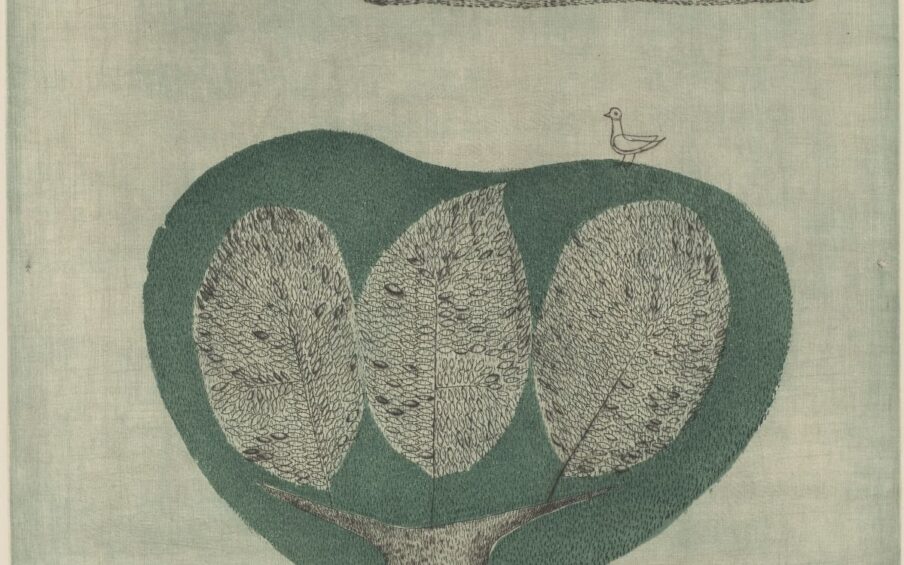 [Image description: Arbre (Tree), Minami Keiko, 11 7/16 x 11 7/16 inches, color etching and aquatint on paper. A square print depicting a highly stylized landscape featuring a large tree, a cloud, and a partial sun. The large tree begins at center bottom, its thick trunk rising and splitting into a wide V shape. The black bark is depicted as short vertical dashes grouped and layered at the trunk’s sides to convey depth. In the space left by the V-shaped branches are three oversized leaves placed side by side. The one in the middle has a pointed top while the other two have rounded tops. They are larger than the tree’s trunk and are composed of a multitude of smaller etched leaves over vertical dashes. Enveloping the large leaves and the upper branches is a muted green shape resembling a circle with the top edge depressed into itself. The circle contains more vertical black dashes. A line drawing of a bird is perched on the top right of the green shape. Above, a thin cloud composed of horizontal dashes appears. Just off center at upper left, a half circle resembling a partial sun is composed of concentric dashes. The background is a pale gray and resembles woven fabric.]