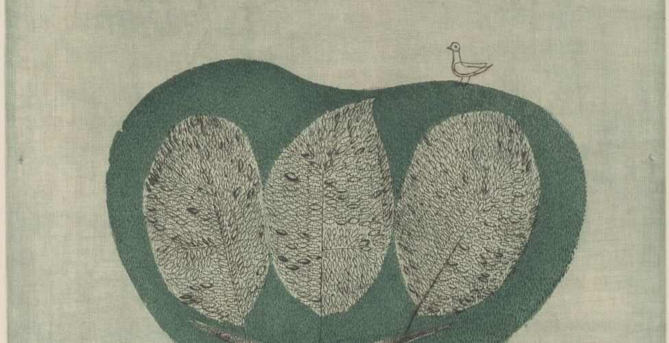 [Image description: Arbre (Tree), Minami Keiko, 11 7/16 x 11 7/16 inches, color etching and aquatint on paper. A square print depicting a highly stylized landscape featuring a large tree, a cloud, and a partial sun. The large tree begins at center bottom, its thick trunk rising and splitting into a wide V shape. The black bark is depicted as short vertical dashes grouped and layered at the trunk’s sides to convey depth. In the space left by the V-shaped branches are three oversized leaves placed side by side. The one in the middle has a pointed top while the other two have rounded tops. They are larger than the tree’s trunk and are composed of a multitude of smaller etched leaves over vertical dashes. Enveloping the large leaves and the upper branches is a muted green shape resembling a circle with the top edge depressed into itself. The circle contains more vertical black dashes. A line drawing of a bird is perched on the top right of the green shape. Above, a thin cloud composed of horizontal dashes appears. Just off center at upper left, a half circle resembling a partial sun is composed of concentric dashes. The background is a pale gray and resembles woven fabric.]