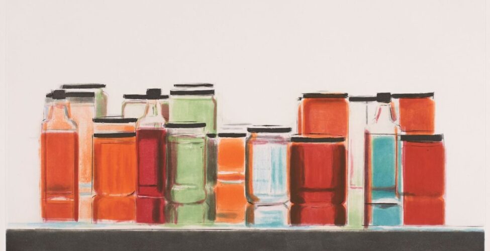 [Image description: Bottle and Jars, Peri Schwartz, sheet: 22 x 30 1/8 inches, color spit bite etching on paper. A landscape-oriented work depicting a grouping of over a dozen bottles and jars seen lined up on a shelf or ledge against a cream background. Jars of various heights are filled with different colored contents ranging from rust, terracotta, pale green, slate blue, burgundy and clear. There are at least three bottles interspersed among the jars. Two are at the left end of the row and contain rust and burgundy contents. A slate blue filled bottle features at the right of the display. The lids and caps on the vessels are depicted as flat black lines or black squares. The bottles and jars sit on a shelf or ledge that reflects their shapes and colors making them appear taller and elongated. The fore edge of the shelf is highlighted with the rectangular front facing part depicted as a long horizontal rectangle in deep gray. Just below this starting at far left is the handwritten series number “19/30”, at center is the work’s title “Bottles and Jars III” and at far right the artist’s signature and year, “Peri Schwartz 2015”.]