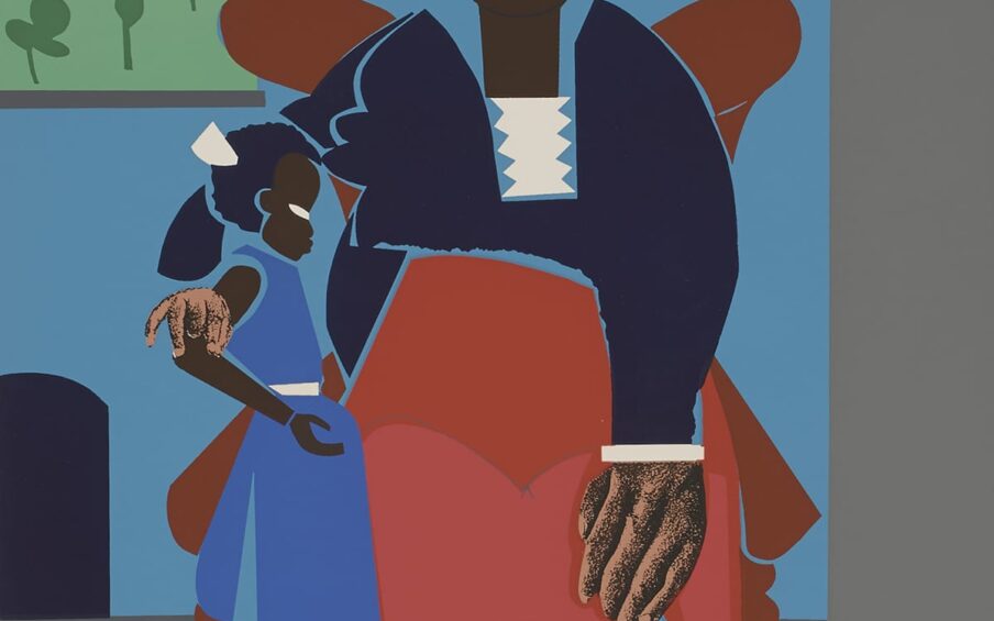 [Image Description: Family (Mother and Child). Romare Bearden.. 1980. Color screenprint on cream wove paper. 18in H x 14 in W. A Black mother sits on a brown chair with her right arm around her child who is wearing a blue dress and white shoes. The mother has short curly black hair with brown highlights and a yellow square coming out the back, white triangular earrings, a reddish brown nose and lips, a dark blue long sleeve dress with light blue outlines with a white shirt underneath, a reddish orange apron, and light brown shoes. Her eyes and nose are outlined with blue lines and her hands are large and appear more dimensional than the other parts of her body. Her left hand rests on her knee and her right hand is held with thumb and third finger touching while resting on the child’s elbow. The child has short dark curly hair with a white triangle coming out the back and white eyes. She stands with her left side resting on her mother’s apron looking towards the right side of the print. Her arm bent at the elbow, palm open and facing up. A bright blue wall is behind the chair with a painting with green hills, trees, white sky, and blue clouds with a light gray frame. There is a dark blue shape under the painting that resembles an arched entryway. The chair is sitting on a floor consisting of light gray, dark gray, and blue rectangles - some vertical and some horizontal. The angles are such that it creates somewhat of an optical illusion.]