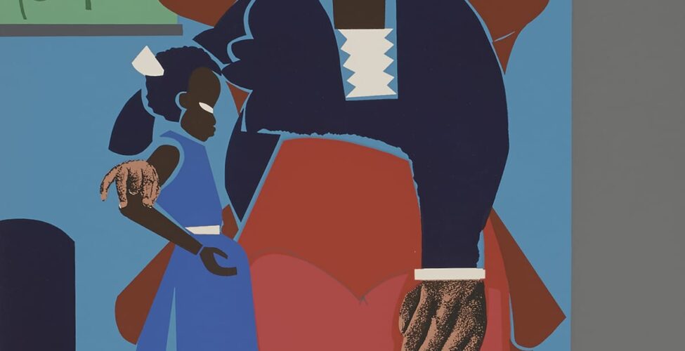 [Image Description: Family (Mother and Child). Romare Bearden.. 1980. Color screenprint on cream wove paper. 18in H x 14 in W. A Black mother sits on a brown chair with her right arm around her child who is wearing a blue dress and white shoes. The mother has short curly black hair with brown highlights and a yellow square coming out the back, white triangular earrings, a reddish brown nose and lips, a dark blue long sleeve dress with light blue outlines with a white shirt underneath, a reddish orange apron, and light brown shoes. Her eyes and nose are outlined with blue lines and her hands are large and appear more dimensional than the other parts of her body. Her left hand rests on her knee and her right hand is held with thumb and third finger touching while resting on the child’s elbow. The child has short dark curly hair with a white triangle coming out the back and white eyes. She stands with her left side resting on her mother’s apron looking towards the right side of the print. Her arm bent at the elbow, palm open and facing up. A bright blue wall is behind the chair with a painting with green hills, trees, white sky, and blue clouds with a light gray frame. There is a dark blue shape under the painting that resembles an arched entryway. The chair is sitting on a floor consisting of light gray, dark gray, and blue rectangles - some vertical and some horizontal. The angles are such that it creates somewhat of an optical illusion.]
