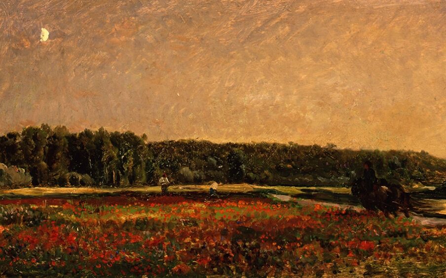 Image description: “Field of Poppies.” Charles-François Daubigny. 1860/1878. Oil on panel. 11 1/4 x 23 7/8 inches. This warm, rural landscape features a field of bright red poppies in the foreground and a dense row of leafy green trees along the horizon. The luminous sky--golden on the right, suggesting the rising sun just below the trees--melts into lavender on the left punctuated by a bright, white moon. On the right, a figure on horseback rides away from the viewer, following the diagonal line of a river behind the poppies and leading toward the center of the painting, where two people work the field. The painting style anticipates Impressionism in its attention to light and the use of visible, expressive brush strokes.