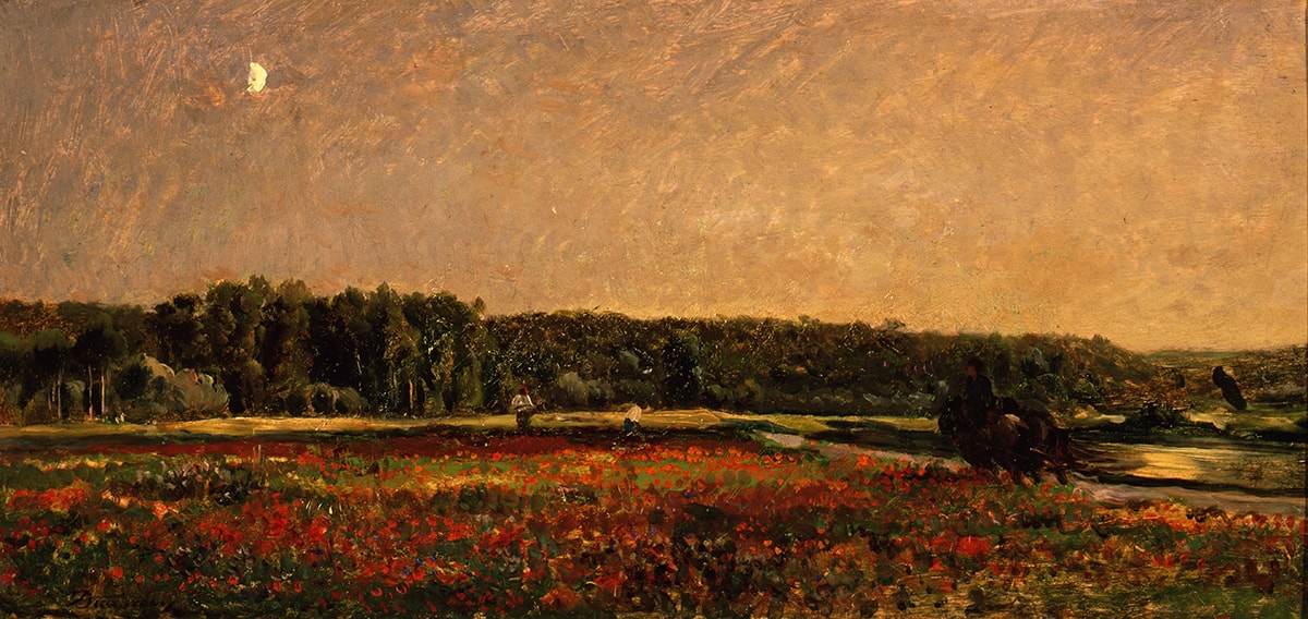 Image description: “Field of Poppies.” Charles-François Daubigny. 1860/1878. Oil on panel. 11 1/4 x 23 7/8 inches. This warm, rural landscape features a field of bright red poppies in the foreground and a dense row of leafy green trees along the horizon. The luminous sky--golden on the right, suggesting the rising sun just below the trees--melts into lavender on the left punctuated by a bright, white moon. On the right, a figure on horseback rides away from the viewer, following the diagonal line of a river behind the poppies and leading toward the center of the painting, where two people work the field. The painting style anticipates Impressionism in its attention to light and the use of visible, expressive brush strokes.