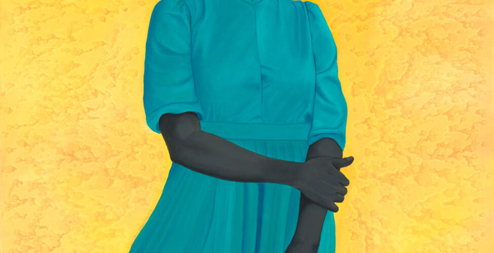 Image description: Saint Woman, Amy Sherald, 54 x 43 inches, oil on canvas. A portrait of a Black woman in a blue dress, looking to the side against a brilliant yellow background. The woman is shown from the knee up, her body facing front while her head is turned to the right. Her dark skin is painted in hues of deep gray. Her hair is big and full, creating a cloud of black curls around her face. She has high cheekbones, fine arched eyebrows and dark eyes. She wears a high necked turquoise blue dress with elbow length sleeves puffed at the shoulder. Her right arm crosses her body and grasps her left arm which rests by her side. The skirt of her blue dress is softly pleated and gently flares out to the left as if caught in a breeze. The bright yellow textured background seems to glow behind her.