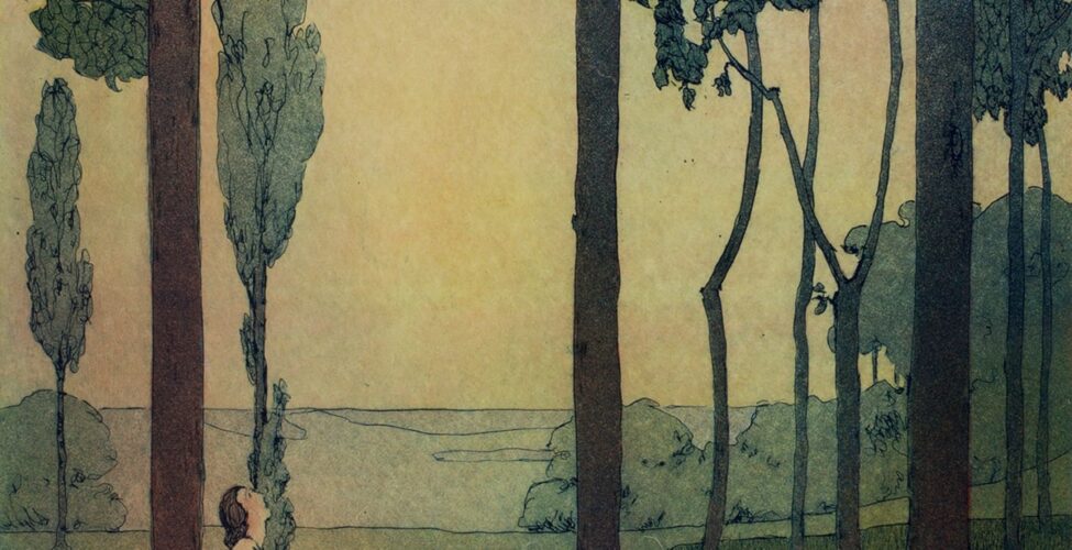 Image description: Beatrice S. Levy, Song of Summer, 1914, color etching,14 x 10 inches. Vertical rectangular color print in languid hues of greens and yellows. A pale, nude, female seated figure on a grassy bank gazes up into a canopy of dark green foliage at a small, perched red bird. The figure sits with her back against a dark tree trunk, one of three, with much smaller trees in the background. Her reflection is mirrored in a green-yellow body of water at the foreground of the scene. In the distant background there are clusters of trees rendered in a pale blue green with a pale clear sky contrasting the darker subjects in the foreground.