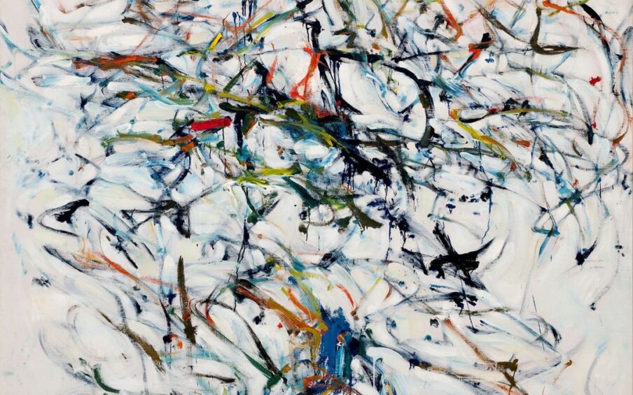 Image description: Joan Mitchell, Soldats des bois, 1956, oil on canvas, 71 ¾ x 77 ½ inches. Large, square, abstract expressionist painting comprised of whiplash gestural lines of colored paint that swarm and recede in and out against an expansive white background.The lines seem to document a controlled chaos of fast movement and are comprised of vibrant streaks of cadmium red, Prussian blue, cyan, yellow, and black, unevenly applied while pushed across the canvas with a paint brush.