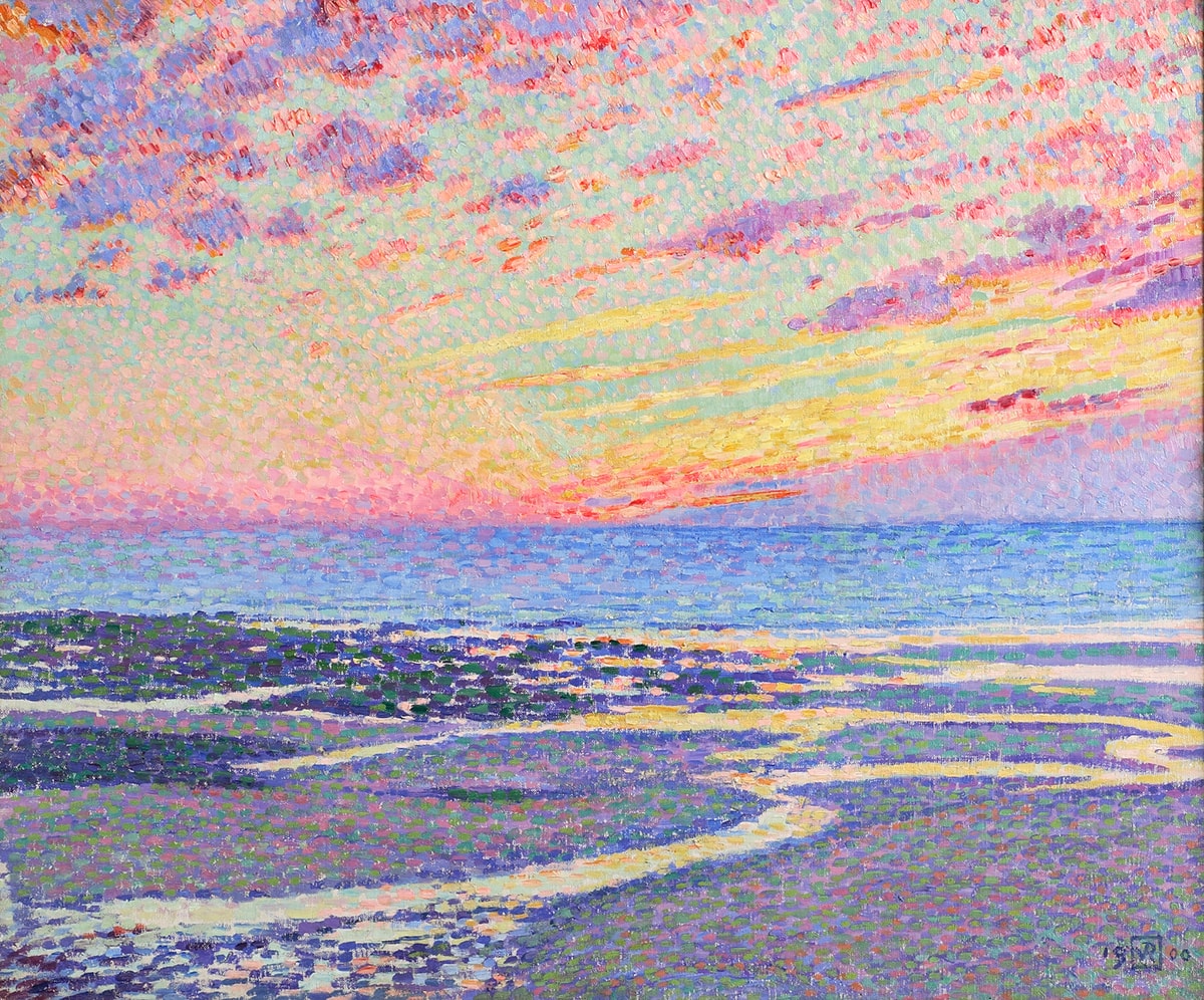 “Plage à marée basse à Ambleteuse, le soir (Beach At Low Tide, Ambleteuse, Evening)”. Théo Van Rysselberghe. 1900. Oil on Canvas. 21 ½” x 24 ¾”. Series of bright vividly colored dots fill the canvas depicting the sunset, ocean, and beach. The bottom third of the canvas has a base layer of blue and green dots with purple, pink, yellow, and white drops on top. Estuaries run from the bank, curving through the sand, and into the sea. They are made up of light yellow and orange dots, reflecting the sunset. Near the middle of the painting darker sand depicted by dark green, blue, and brown dots runs along the edge of the ocean which is composed of longer ovals of green, blue, yellow, and pink brushstrokes. Light blue sky covers the top of the canvas with yellow, pink, and red rays extending to the right. Above, red, purple, and orange clouds dot the sky. Long linear clouds on the right and small oval clouds on the left. The painting is framed in a gold frame with highly detailed filigree loosely resembling vines, leaves, and flowers.