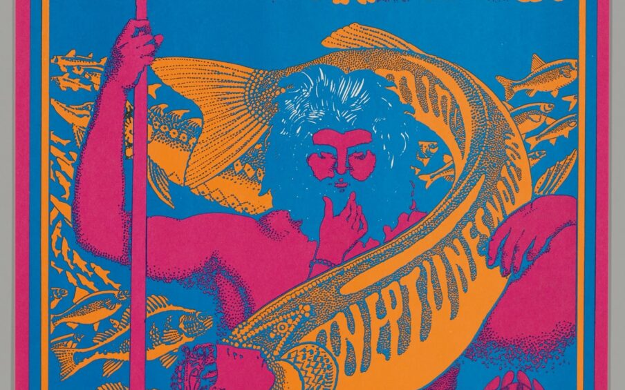 Neptune’s Notion, Victor Moscoso, 1967, color offset lithograph on paper, image/sheet:22 x 14 inches. A brightly colored, vertical poster depicting Neptune being encircled by a large fish and topped with concert details in organic, psychedelic font. Bright blue letters against a pale orange ground read: “Moby Grape” at center top, flanked by the words “Dance Concert” under a row of blue stars. Below, two lines of text read: “Avalon, The Charlatans, Feb 24 Fri, 25 Sat. Ballroom, Sutter at Van Ness San Francisco, Light Van Meter, Hillyard.” A row of stylized purple waves on orange ground transitions to bright blue ground. Neptune is centered with a full head of hair and beard, details of his hair picked out in white line. Neptune’s body is bright pink, and he holds a trident on the left and stretches out his other hand by his side. An orange and blue fish wraps around Neptune’s head and torso with the words, “Neptune’s Notions” on its body. A female figure approaches Neptune from bottom right near the fish’s mouth. Smaller orange fish on blue swim in the background. A small, oval logo reading “Family Dog Presents” with a top hatted man is at lower right. The scene is outlined in orange, blue and bright pink borders. Additional ticket information is printed at bottom in small, plain black font.