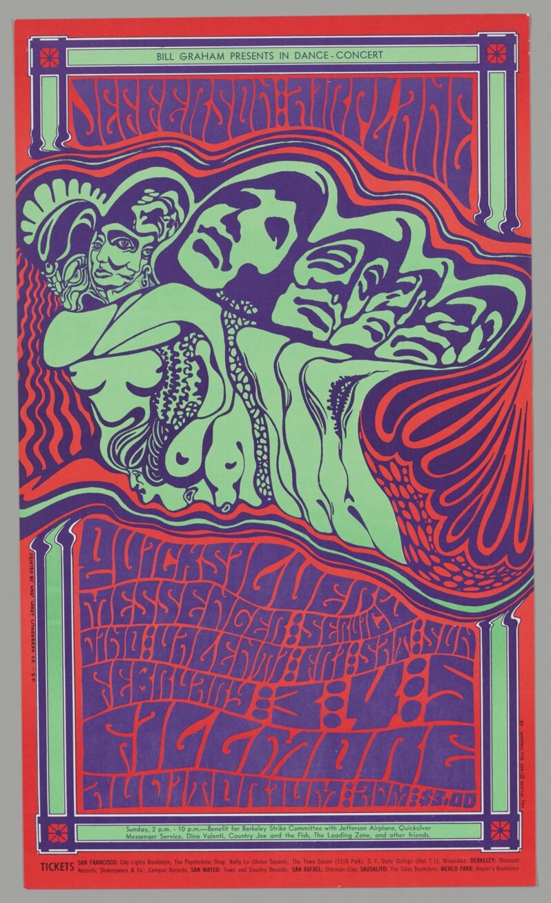Jefferson Airplane, Wes Wilson, Quicksilver Messenger Service, Dino Valenti, February 3-5, Fillmore Auditorium, 1967, color offset lithograph on paper, image/sheet: 22 in x 14 in. A red, purple and white vertical poster featuring the distorted images of several nude figures that seems to meld into one another in graphic style in purple on white. Red and purple waves encompass each end of the grouping. Above the figures are the words “Jefferson Airplane” in organic, psychedelic font, enclosed in a white and purple geometric border with red accents at the corners. An asymmetrical, wavy border of purple, white and red separate the lower third of the poster from the top portion. The words “Quick Silver Messenger Service, Dino Valenti, Fri, Sat, Sun, February, 3,4,5, Fillmore Auditorium, Adm, $3.00” appear within a white and purple geometric border with red accents. Additional ticket information appears at the bottom in black font.