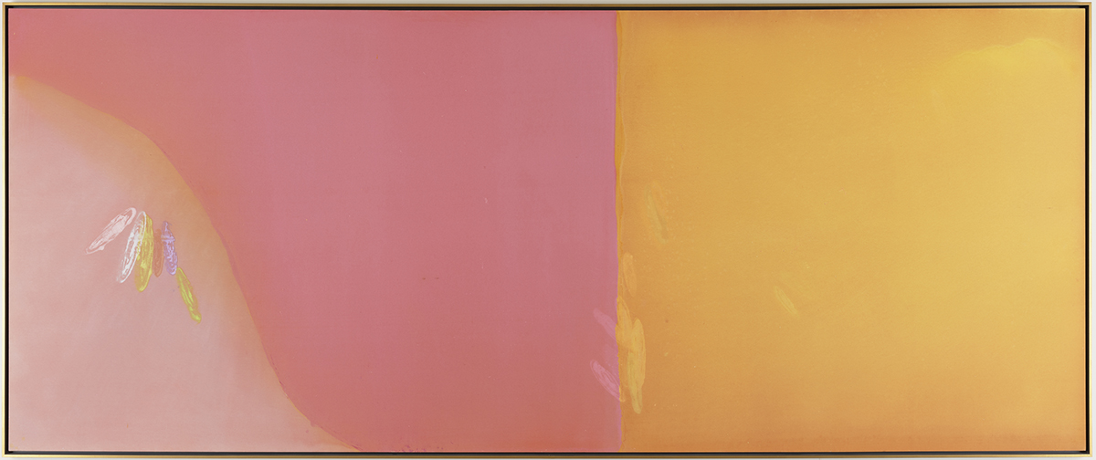 Image Description: Larry Poons. “Open Country”. 1968. Acrylic on canvas. 84” x 204”. Large colorful painting with a thin wood frame. The background on the left two thirds is a muted rose color and the right third is a yellow orange color. A straight line separates the two colors with a few diagonal brush strokes on the pink that create a lighter ink color and a series of overlapping vertical brushstrokes on the edge of the yellow. There are two additional light yellow strokes above and out to the right. There is also an area of lighter yellow blended into the upper right corner. The bottom left of the painting is a lighter pink color with an organic line in the shape of a steeply sloping hill. Just below the slope is a series of six brush strokes—pink, white, yellow, red, purple, yellow.